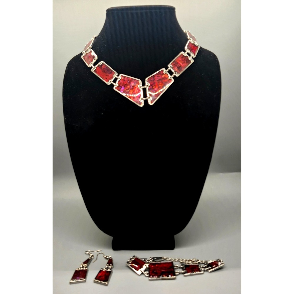 Red Abalone Earrings, Bracelet, V Necklace Set Silver Tone Link Plaques